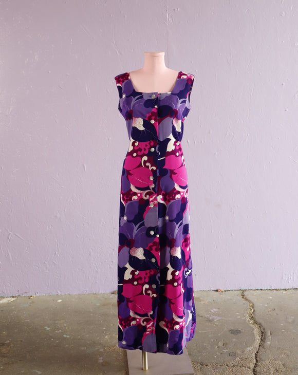 1970's Purple & Pink Hawaiian floral tiki dress