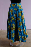 1950's Blue tropical hibiscus watercolor floral on diamond weave maxi skirt.