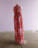 1970's Red empire waist maxi dress with pussy bow & asian florals with cranes