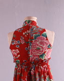 1970's Red empire waist maxi dress with pussy bow & asian florals with cranes