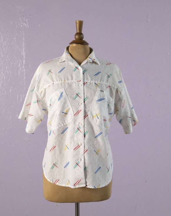 1980's/1990's White button down with  rainbow dashes & polka dots
