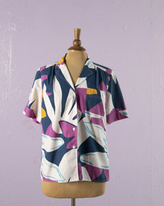 1990's Navy, Purple abstract tropical floral button down shirt