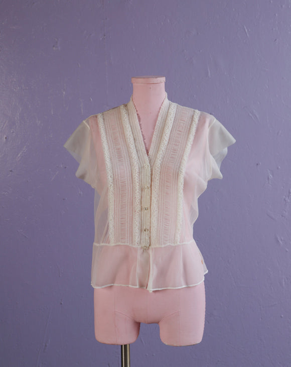 1950's Jani White Sheer ruffle top w/lucite buttons